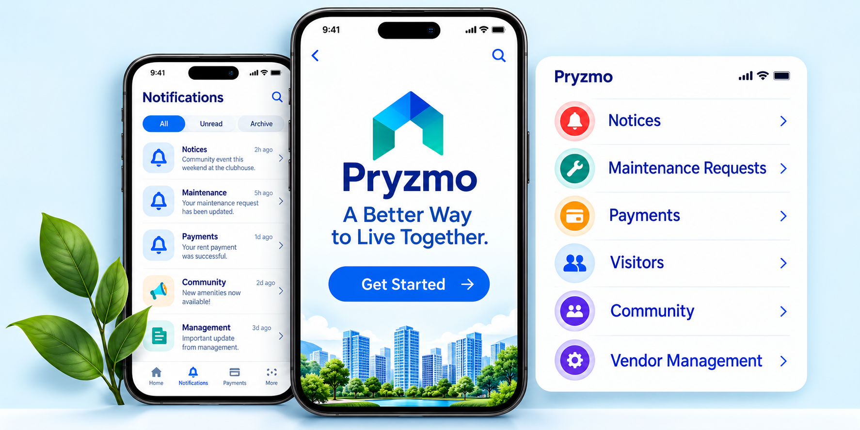 Illustrative Pryzmo resident app concept featuring notices, maintenance requests, payments, visitor services, and community updates