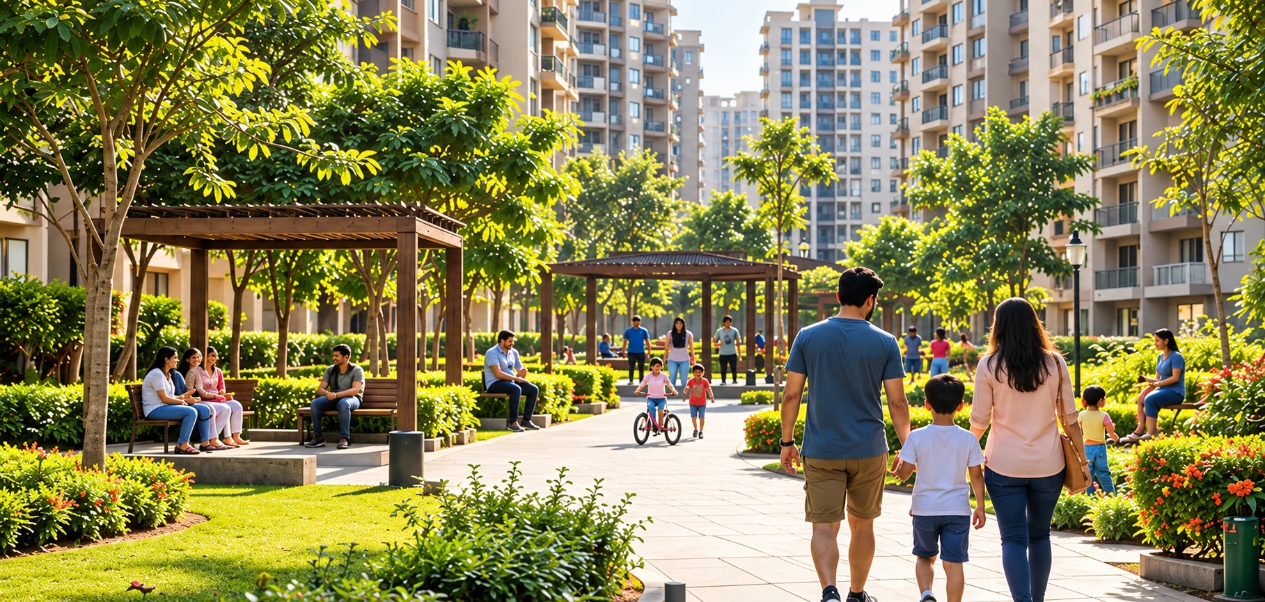 Photorealistic landscaped Indian apartment community with families and shared outdoor spaces