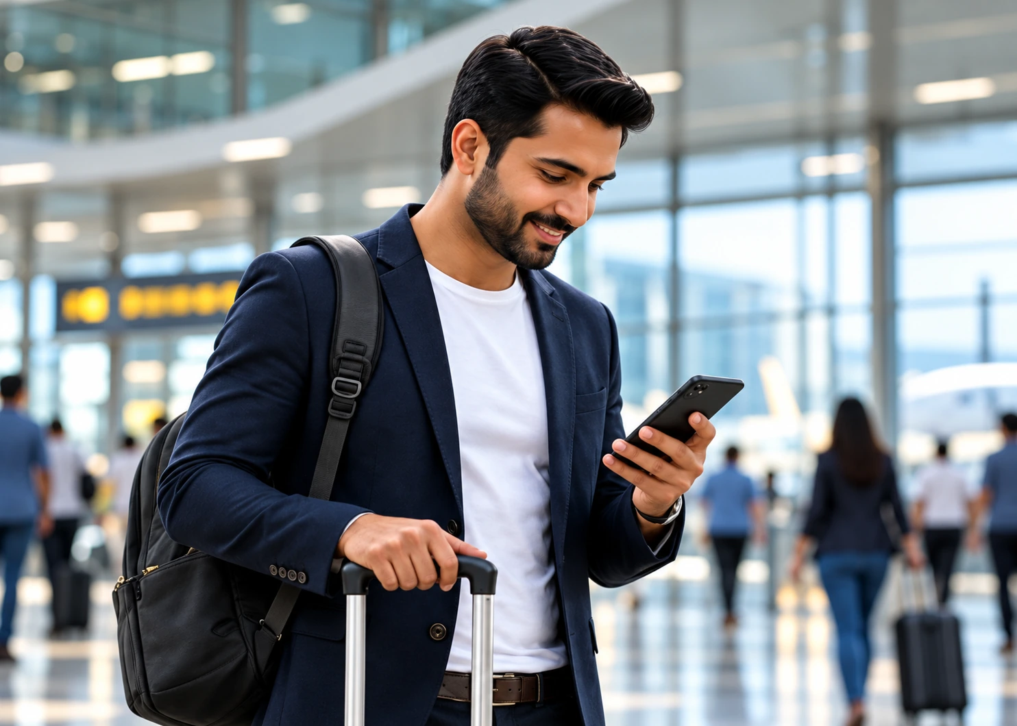 Illustrative traveler with luggage checking a smartphone